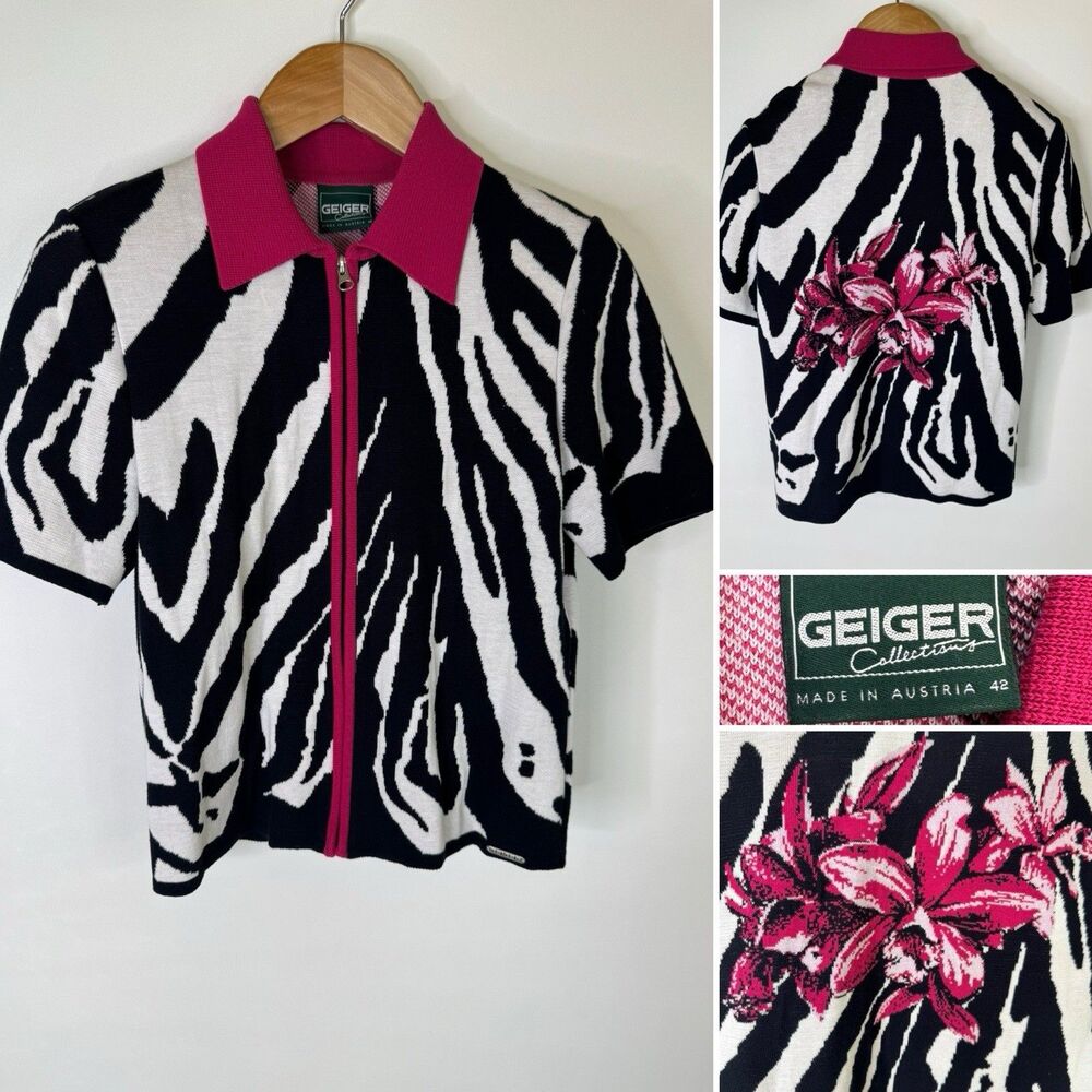 Geiger Of Austria Knit Zip Blouse Top Floral Zebra Print Sz 42 Black White Pink